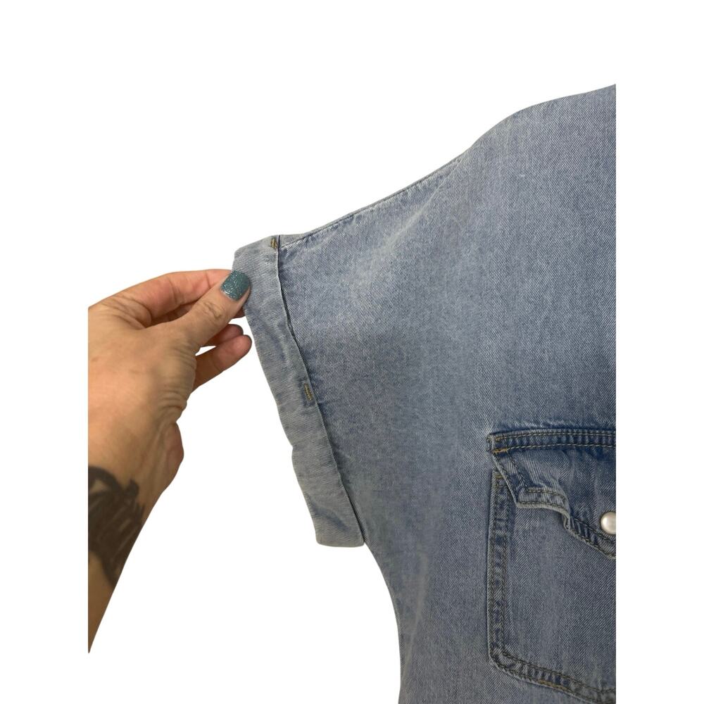 Denim Tiered Pearl Snap Boho Western Shirt Dress Country Concert Cowgirl Large - Picture 6 of 10